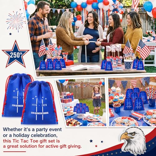 Sotiff 24 Sets 250th Anniversary USA Tic Tac Toe 4th of July Party Games with Drawstring Bags for Classroom Activities Independence Day Patriotic Party Favor Supplies - style: 250th Anniversary Usa