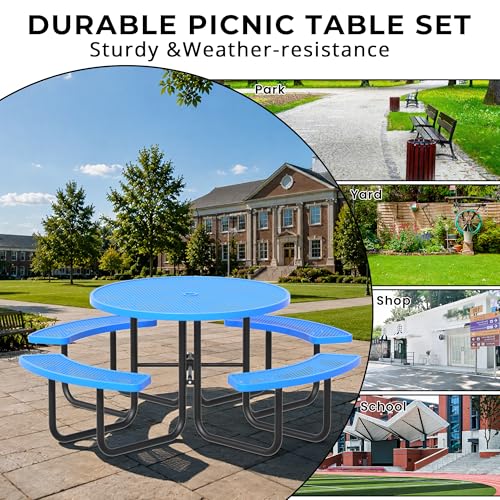 All-Weather Round Outdoor Picnic Table, Commercial Picnic Table Bench Set with Umbrella Hole, Thermoplastic Coated Metal Dining Tables for School, Stores, Park, Patio, Yard, Blue - color: Light Blue