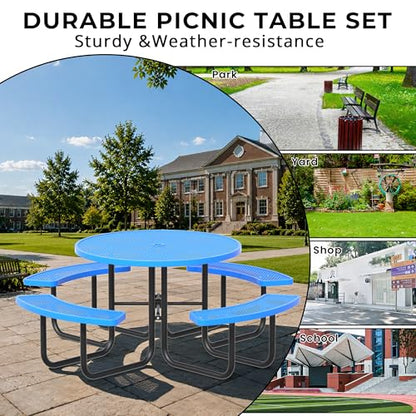 All-Weather Round Outdoor Picnic Table, Commercial Picnic Table Bench Set with Umbrella Hole, Thermoplastic Coated Metal Dining Tables for School, Stores, Park, Patio, Yard, Blue - color: Light Blue