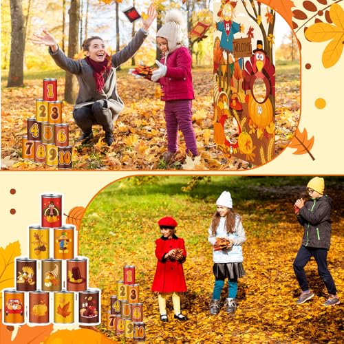 17 Pcs Fall Halloween Carnival Can Bean Bag Toss Games for Kids Thanksgiving Autumn Party Throwing Game Set with Background for Adults Indoor Outdoor Party Toy Accessory - style: Thanksgiving