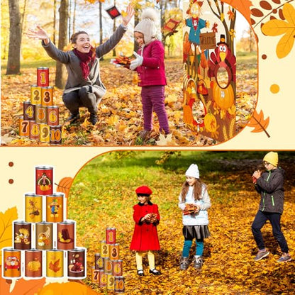 17 Pcs Fall Halloween Carnival Can Bean Bag Toss Games for Kids Thanksgiving Autumn Party Throwing Game Set with Background for Adults Indoor Outdoor Party Toy Accessory - style: Thanksgiving