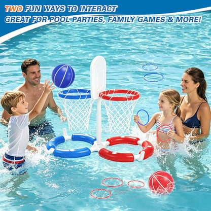 Double Pool Basketball Hoop with Backboard &Ring Toss Game, 2-in-1 Floating Pool Toy with 4 Balls 8 Rings&Pump,2 Player Games Summer Activities for Kids 5-8 8-12& Adult,Outdoor Swimming Party Gifts - size: Double with backboard