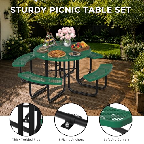 All-Weather Round Outdoor Picnic Table, Commercial Picnic Table Bench Set with Umbrella Hole, Thermoplastic Coated Metal Dining Tables for School, Stores, Park, Patio, Yard, Green - color: Green