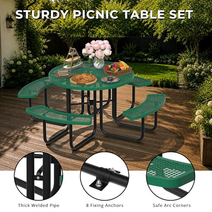 All-Weather Round Outdoor Picnic Table, Commercial Picnic Table Bench Set with Umbrella Hole, Thermoplastic Coated Metal Dining Tables for School, Stores, Park, Patio, Yard, Green - color: Green