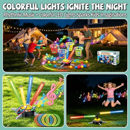 Bean Bag Ring Toss Game for Kids, 3-in-1 Carnival Musical Jumping Toy with LED Lights, Remote, Electric Spinning Base, Indoor & Outdoor Toys for Kids Ages 4-8, Backyard Sport Toy for Boys Girls