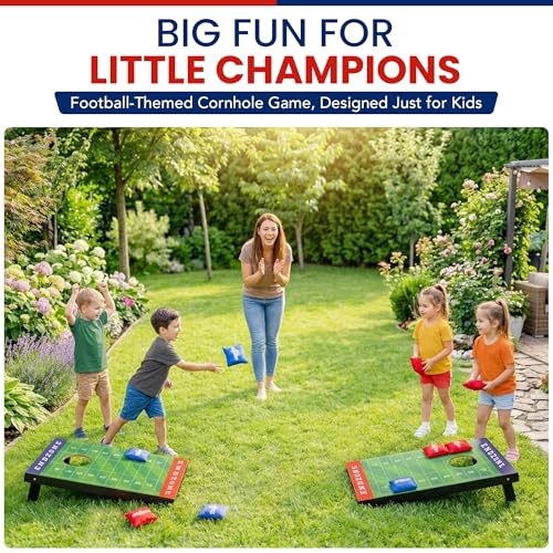 Kids Cornhole Board Set - 20.7”x12.5” Football Edition 2 Foldable MDF Boards + 8 All-Weather Bean Bags - Portable Bean Bag Toss for Indoor & Outdoor Games - Family Yard Game for Tailgate & Lawn Games