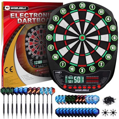 WIN.MAX Electronic Dart Board Soft Tip Dartboard Set LED Displays 3 Languages with 12 Darts 100 Tips Power Adapter - color: RED/GREEN WITH LIGHTS