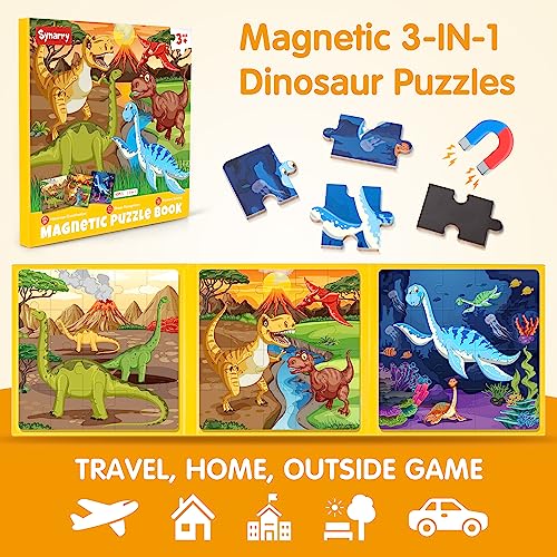 SYNARRY Magnetic Dinosaur Puzzles for Kids Ages 3-5, 20 Pieces Puzzles for Toddlers 4-6, Easter Basket Stuffers Gifts for Kids, Car Airplane Road Trip Activities Magnet Games Toy for Boys Girls - style: Dinosaur