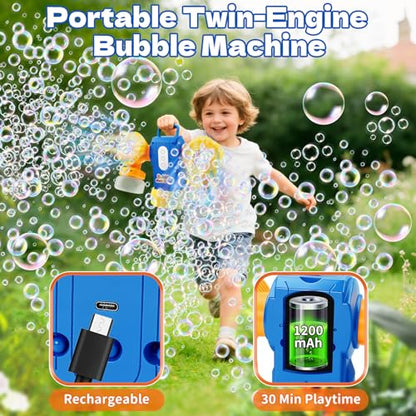 Dual-Engine Bubble Machine with LED Lights & Automatic 360° Rotation & 90° Adjustable, Type-C Rechargeable Bubble Blower Maker for Kids Birthday Parties Weddings Outdoor Activities