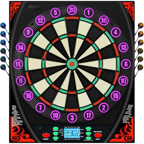 Electronic Dart Boards for Adults with Illuminated Number Ring&Backlit LED Display, Digital Dart Board Electronic with 34 Games&369 Options, Electronic Soft Tip Dart Board Set for 1-8 Players
