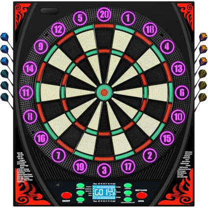Electronic Dart Boards for Adults with Illuminated Number Ring&Backlit LED Display, Digital Dart Board Electronic with 34 Games&369 Options, Electronic Soft Tip Dart Board Set for 1-8 Players