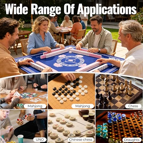 Mahjong Mat with Rules 31.5"x31.5" with Dice,2026 Mah jongg Card & Bag,Blue | Non-slip Noise-reducing Travel Game Night Christmas Mother’s Day Gift for Mahjong Lovers Family Gathering Poker Dominoes Mat - color: Blue