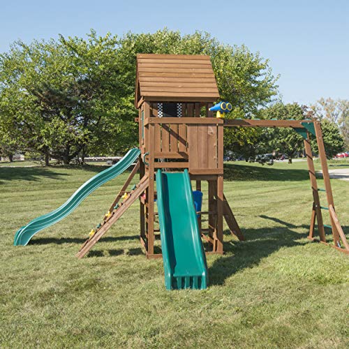 Swing-N-Slide WS 8354 Knightsbridge Super Wooden Swing Set with Two Slides, Play Set, Monkey Bars, Climbing Wall, Music Play & Climbing Wall, Wood, Green