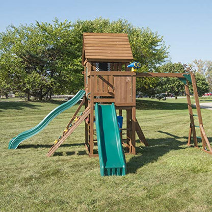 Swing-N-Slide WS 8354 Knightsbridge Super Wooden Swing Set with Two Slides, Play Set, Monkey Bars, Climbing Wall, Music Play & Climbing Wall, Wood, Green