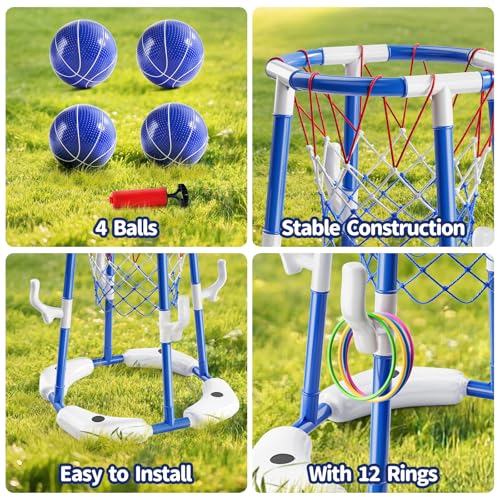 Sitodier Pool Basketball Hoop for Kids, 2-in-1 Floating Pool Water Play Toys and Ring Game with 4 Balls and Pump, Outdoor Summer Swimming Pool Basketball Games Family Party for Kids Adults (Blue)