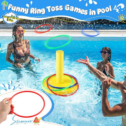 Hiboom Pool Ring Toss Games Toys, Swimming Pool Games for Adults and Family with 6 Pcs Throwing Rings, Water Foam Toss Float Toys for Summer Outdoor, Beach, Yard, Party (Bright Yellow Base) - style: Bright Yellow Base