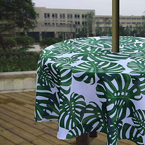 Melaluxe Spring/Summer Wrinkle-Free Waterproof Outdoor Tablecloth with Umbrella Hole and Zipper, Green Leaves, 60" Round-Zippered - color: Green Leaves, size: 60" (Round)