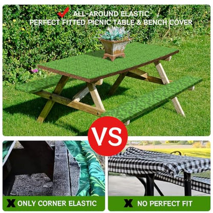 Pixel Grass Picnic Table Cover with Bench Covers and Carrying Bag, Gamer Pixel Miner Rectangle Table Cover, Outdoor Patio Camping Essentials 6FT 4PCS, Camping Fitted Tablecloth