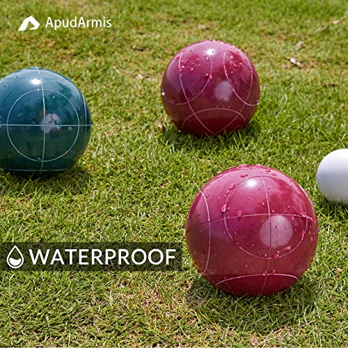 ApudArmis Bocce Balls Set, Regulation Size 100mm Bocce Game for Outdoor/Backyard/Lawn/Beach with 8 PCS 100% Poly-Resin Balls / 1 Pallino/Nylon Carrying Case/Measuring Rope (Red,Blue,Green,Yellow) - size: 100mm Regulation Size