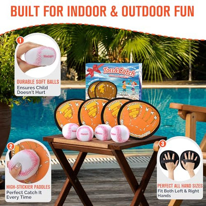 Wedopro Toss and Catch Ball Game, Kids Toddler Baseball Glove & Catch Ball Toys, Kids Outdoor Games for Family, Toys for Beach Pool Yard Outside, Birthday Gift for Ages 3 4 5 6 7 8-12 (Brown 4 Pcak)
