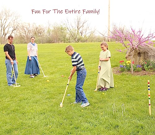 AmishToyBox Deluxe Croquet Game Set - 8 Player - with Wooden Stand (Eight 28" Handles)
