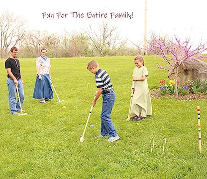 AmishToyBox Deluxe Croquet Game Set - 8 Player - with Wooden Stand (Eight 28" Handles)