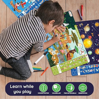 Preschool Learning Activity Game | Reusable Search N Spot Mats for Kids Ages 3-6 | Wipe-Clean Educational Game | Homeschool Classroom Must-Have | Reusable Activities, Gifts for Ages 3, 4, 5, 6