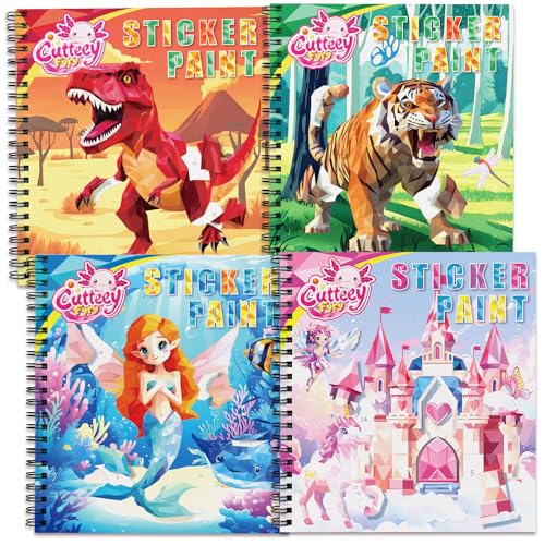 4PCS Paint by Number Sticker Book Travel Activities Toys for Girls Boys Kids Ages 4-10 Road Trip & Airplane & Long Car Rides, Birthday Present, Preschool Classroom Party Gifts - color: Dinosaurs,fierce Animals,mermaid,palace