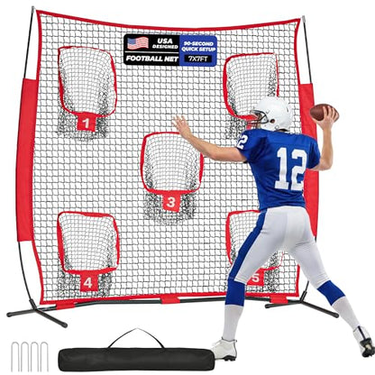 7x7ft/8x8ft Football Throwing Net, Quarterback Training Equipment with 5 Target Pockets, Includes Football, Portable Carry Bag - color: Red, size: 7x7ft