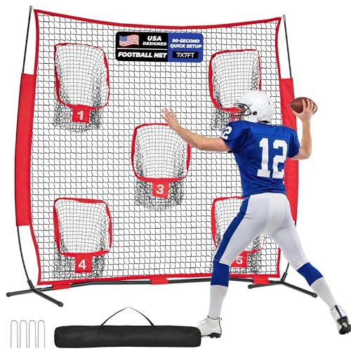 7x7ft/8x8ft Football Throwing Net, Quarterback Training Equipment with 5 Target Pockets, Includes Football, Portable Carry Bag - color: Red, size: 7x7ft