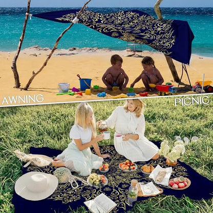 BYDOLL Beach Blanket Waterproof Sandproof Large Sand Free,78''X81''/10'X9' Oversized Sandless Lightweight Blanket Picnic Mat for Beach Travel Camping Hiking with Stakes - color: Navy Mandala, size: 78"X81"