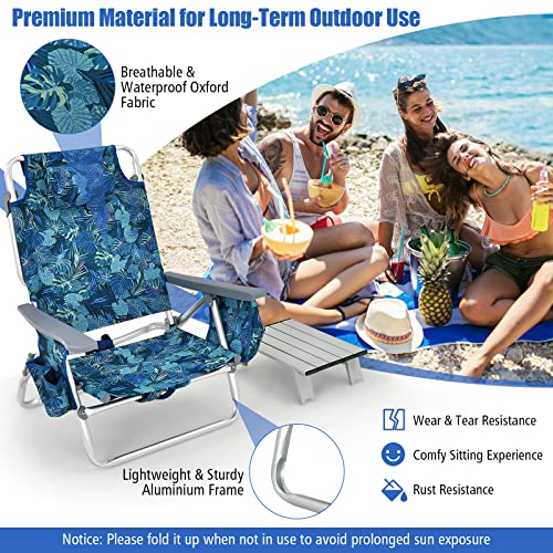 Tangkula Backpack Beach Chair with Table, 5-Position Lay Flat Lightweight Low Folding Beach Chairs with Cooler Bag, 2 Cup Holders, Towel Bar, Backpack Straps - color: Navy, style: 2 Pack with Table