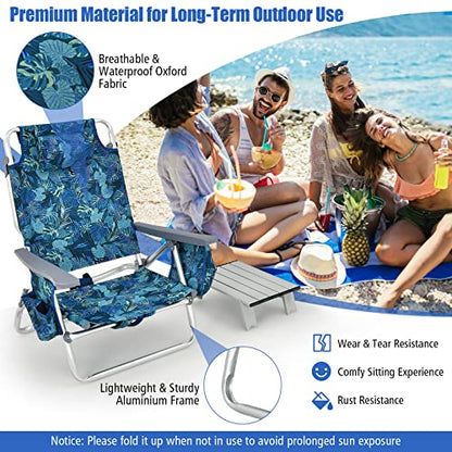 Tangkula Backpack Beach Chair with Table, 5-Position Lay Flat Lightweight Low Folding Beach Chairs with Cooler Bag, 2 Cup Holders, Towel Bar, Backpack Straps - color: Navy, style: 2 Pack with Table