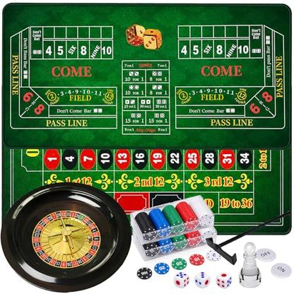 Roulette Wheel Game Set Include 47.2" x 23.6"Rubber Tabletop Layout Mat(Double Sided)，10 Inch Roulette Wheel，200 Chips Dealer Button，Win Marker，3 Dices，Chip Rake Casino Game Sets Gift Ideas