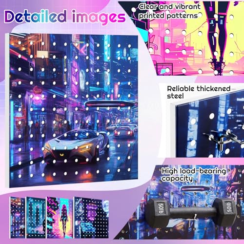 Gaming Room Wall Decor Pegboard, 12x12 Inch Metal Display Board for Controller & Headset, Gaming Setup Wall Organizer for Desk, Dorm, Office - style: Future City Style