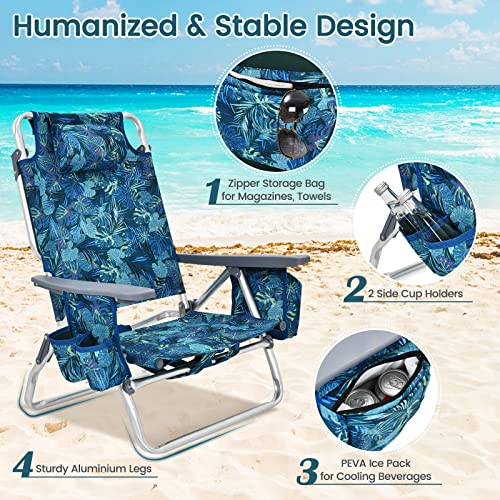 Tangkula Set of 2 Backpack Beach Chair, 5-Position Lay Flat Beach Chairs with Cooler Bag, 2 Cup Holders, Towel Bar, Lightweight Folding Beach Chair with Backpack Straps - color: Navy, style: 2 Pack