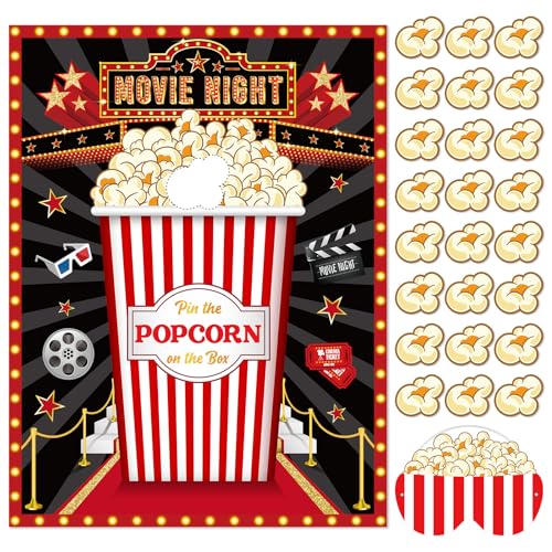 Faccito Movie Night Party Pin The Popcorn on The Box Large Poster with 24 Popcorn Stickers Blindfold Carnival Set for Movie Theater Carnival Birthday Party Decoration Activities Supplies - style: Movie