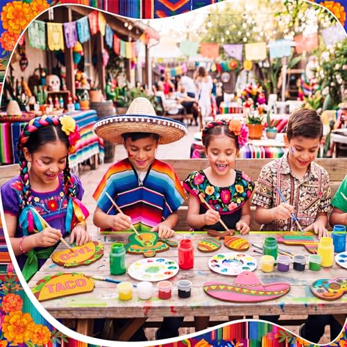 Saypacck 24 Pcs Mexican Taco Party Favors Wooden Painting Craft Kits Birthday Party Supplies with Organza Bag for Goodie Bags Fillers Adult Thank You Gifts - style: Mexican Taco