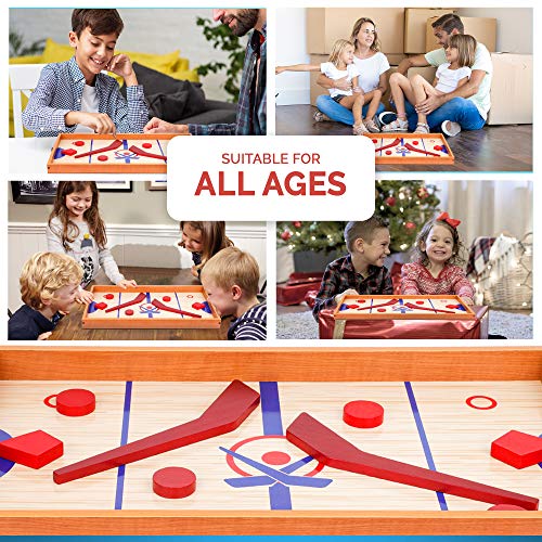 Point Games Small Tabletop Slap Shot Hockey Game, Super Durable Wooden Board with 2 Sticks and 5 Pucks, Great Family Game for Ages 5+