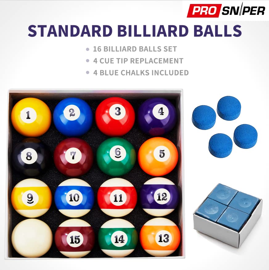 Prosniper Billiard Balls - 16 Premium Pool Ball Set Including 4X Cue Tips and 4X Blue Chalk I 6 oz & 2.25 inches I Pool Table Accessories for Beginners & Professionals I Made of Pure Resin - style: standard