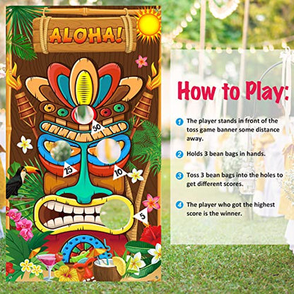 Luau Party Games Hawaiian Tiki Party Toss Games Banner with 3 Bean Bags Totem Decor for Summer Tropical Carnival Supplies