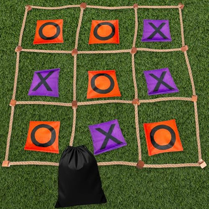 Gamie Giant Tic Tac Toe Game Outdoor - 3 x 3 Feet - Includes Rope Grid, 10 Bean Bag Play Pieces, and 1 Drawstring Carry Bag - Large Yard Games - Outdoor Game for Patio, Picnic, Camping