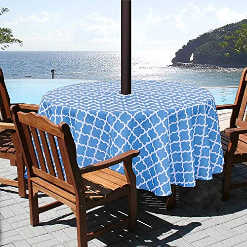 Melaluxe Spring/Summer Wrinkle-Free Waterproof Outdoor Tablecloth with Umbrella Hole and Zipper, 60" Round-Zippered - color: Blue Clound, size: 60" (Round)