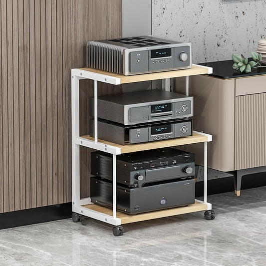Corner Display Cabinet with Wheels, Media Stand & Audio Rack for Game Consoles, Stereo Storage, AV Tower, Modern Black Design(Wood Color,50.2x40x70cm)