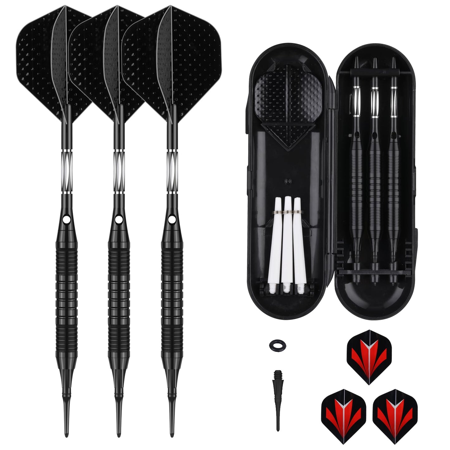 Darts Plastic Tip Set - 18g 21g Colorful Rainbow Soft Tip Darts 50 Anti-Loose O-Rings 6 Shaft (Aluminum/Nylon 45mm) 6 Durable Flights Extra 50 Soft Tips Electronic Dartboard - color: Black-DART-D