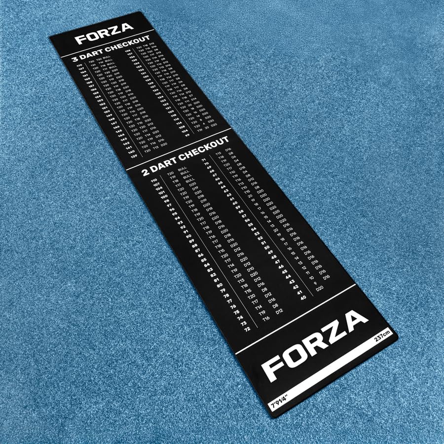 FORZA Darts Checkout Mat | Official Throw-Line & 2-/3-Dart Checkout Chart – Premium Polyester Surface with Non-Slip Rubber Base – Full-Length Floor Mat 94.5in x 24in for Home, Pub or Club Use