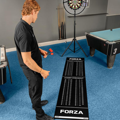 FORZA Darts Checkout Mat | Official Throw-Line & 2-/3-Dart Checkout Chart – Premium Polyester Surface with Non-Slip Rubber Base – Full-Length Floor Mat 94.5in x 24in for Home, Pub or Club Use