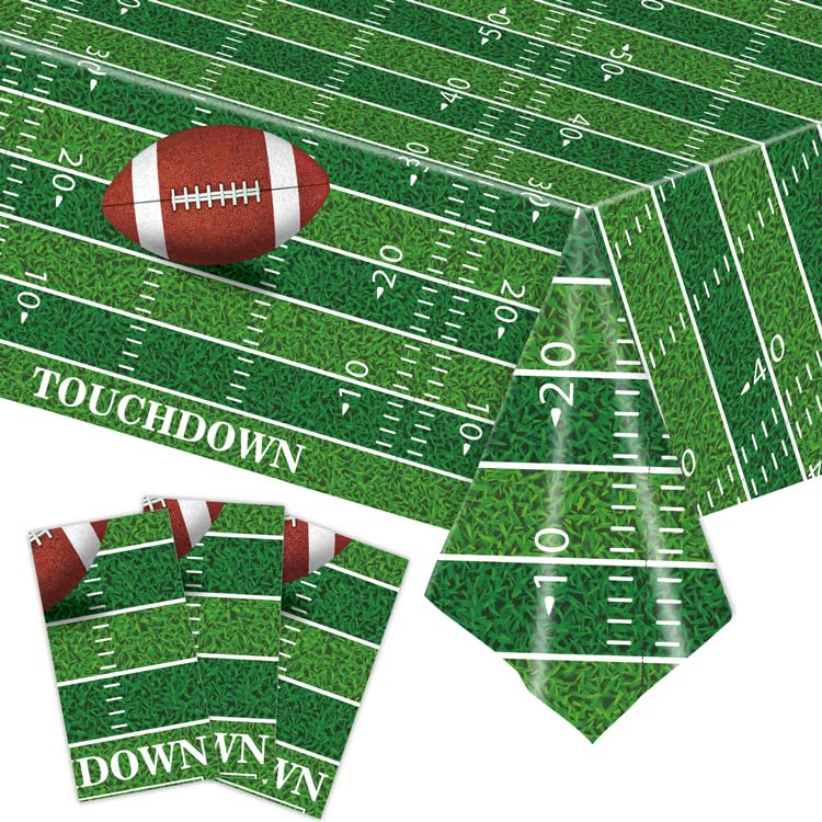 Kesfey 3 Packs Football Tablecloth 54 x 108 Inches Green Football Field Touchdown Tablecover Disposable Plastic Rugbyl Themed Birthday Table Cloth Gameday Tailgate Rugby Tablecloths for Superbowl - color: Green Football