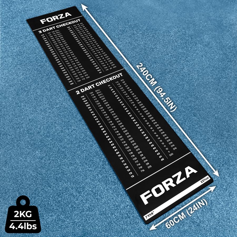 FORZA Darts Checkout Mat | Official Throw-Line & 2-/3-Dart Checkout Chart – Premium Polyester Surface with Non-Slip Rubber Base – Full-Length Floor Mat 94.5in x 24in for Home, Pub or Club Use