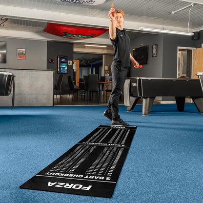 FORZA Darts Checkout Mat | Official Throw-Line & 2-/3-Dart Checkout Chart – Premium Polyester Surface with Non-Slip Rubber Base – Full-Length Floor Mat 94.5in x 24in for Home, Pub or Club Use
